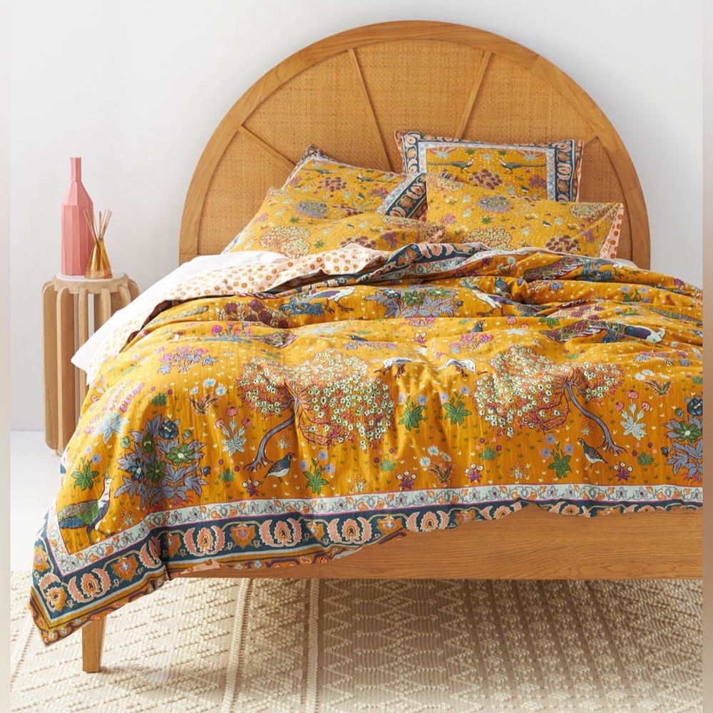 Anthropologie Mustard and Blue Floral Duvet Cover